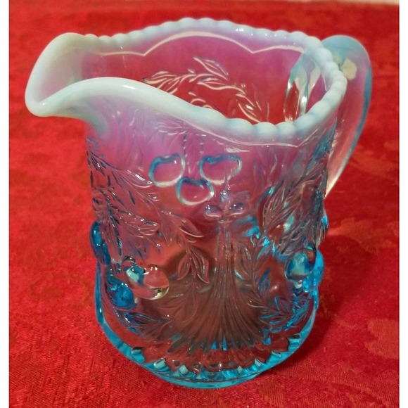 L.G.Wright Ice Blue Opalescent (Wreathed) Cherries Cream and Sugar Set - Picture 3 of 8